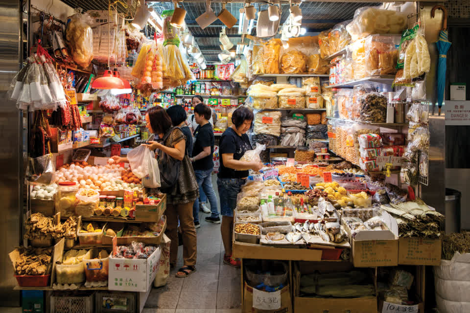 Stalls selling dry goods are located at the outer edges of Link REIT's renovated Lok Fu Market.